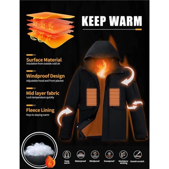 Men's Winter Coat Fleece with 9 Pockets Insulated Windproof Hooded Parka - Picture 4 of 6